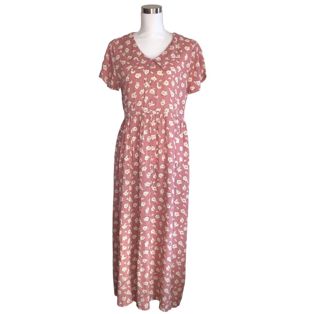 VINTAGE 90s 2 of Us Pink Floral Collared Short Sleeve Midi Dress Sz. Large Rayon